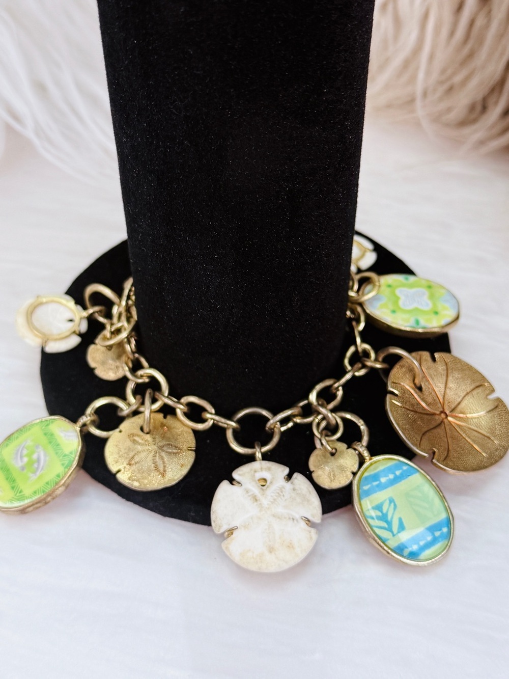 Vintage aged brasstone, bohemian island chic, shell charm bracelet